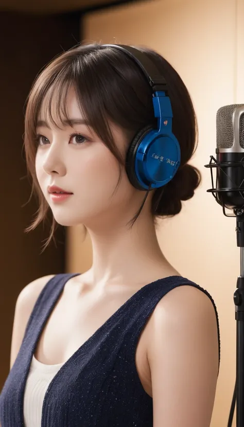 In the foreground、Standing in a professional recording studio、There is one stunning teenage girl。, In front of the microphone. sheの存在は魅惑的です, sheは洗練さと魅力を醸し出している. Elegant hairstyle, Falling like soft waves, shining under the Studio Light. she sings her song ...