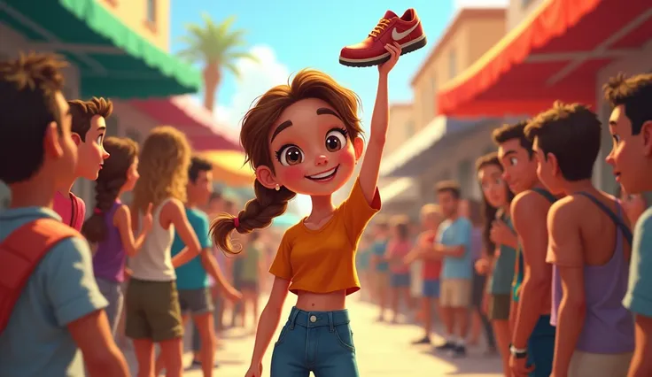 **Prompt**: A vibrant, modern cartoon-style digital painting showing 1 Lily standing confidently in the middle of a bustling marketplace, surrounded by an eager crowd. Lily, with her wavy chestnut hair tied in a loose braid, is holding up the signed shoe w...