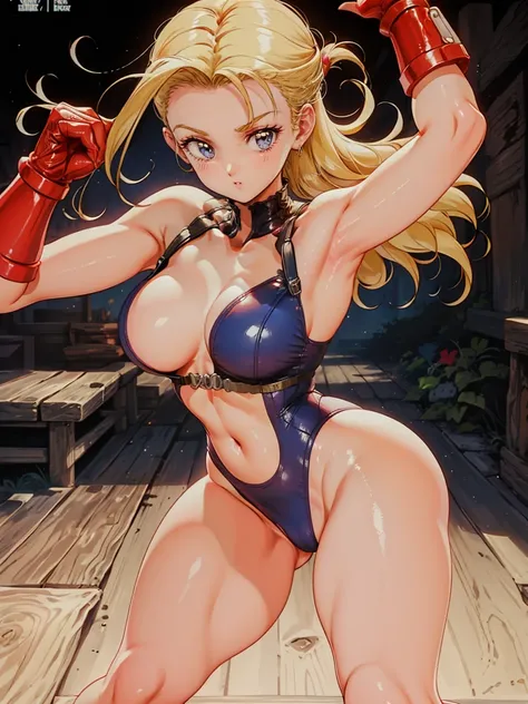 (work of art, best qualityer), details Intricate, 1sologirl Cammy White de Street Fighter (standing, fully body, End to end, supported by a wooden post:1.2) confrontation, working out, sexy pose