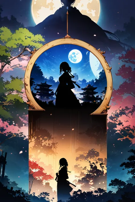 ((silhouette art)), 1Bride attire, (Double Exposure:1.3), A restaurant wedding overlooking a Japanese garden with a bamboo forest, blue Moon, (Close-up), improve, complex, (best quality, masterpiece, representative work, official art, professional, unified...