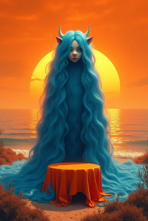 prompt orange sunset background.foreground, lots of blue hair cascading down onto an orange table ,surrealism, furry, sea in the middle