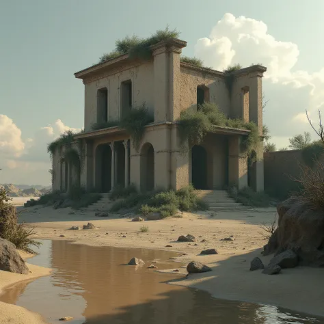 A destroyed Roman era house in ruins, on sandy flooded landscape, dramatic lighting, masterpiece, 8k, hyperrealistic, volumetric lighting, dramatic shadows, cracked walls, overgrown vegetation, decayed textures, wet sand, dramatic sky, cinematic compositio...