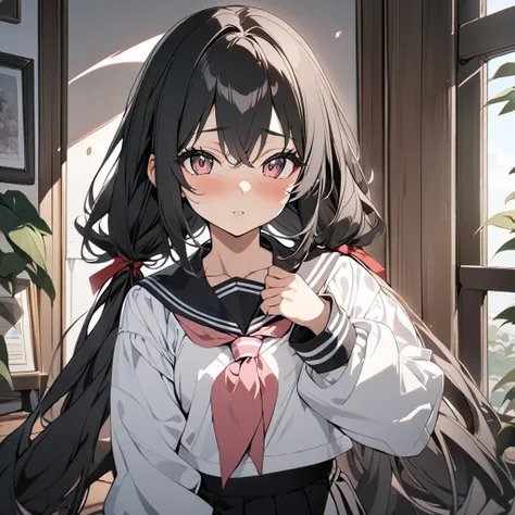 (best quality, masterpiece, ultra detailed, anime, 8k), anatomically correct, anime, 1girl, very long low twintails, red ribbon, very long low pigtails, black hair, serafuku, black sailor collar, white blouse, pink neckerchief, school, from front