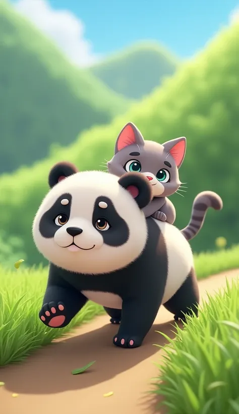 Cartoon anime 3D characters of a cute little panda and a grey tabby cat work together to go down the other side of the hill. The grey tabby cat balances on the pandas back, holding on carefully as the cute little panda carefully navigates the slope