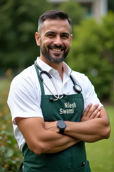 Male doctor in garden with Nilesh Swami name on his apron