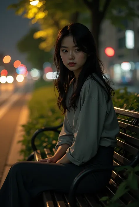 (photorealism:1.2), very beautiful japaneese woman, sad pose, sitting at the bench city park at nights, realistic, intricate details, warm colors