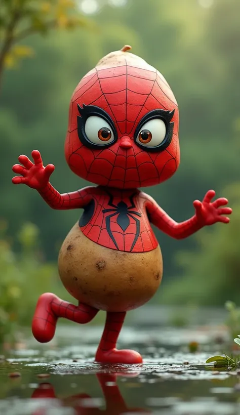 /Imagine Subject: A cute red cute litter spiderman Potato whose body shape is like human body

shape, Environment: pond and green

blurred background

Action:-dancing