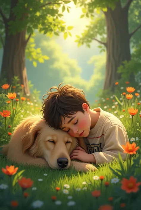 A boy sleeps in the garden with a big dog in his arms.