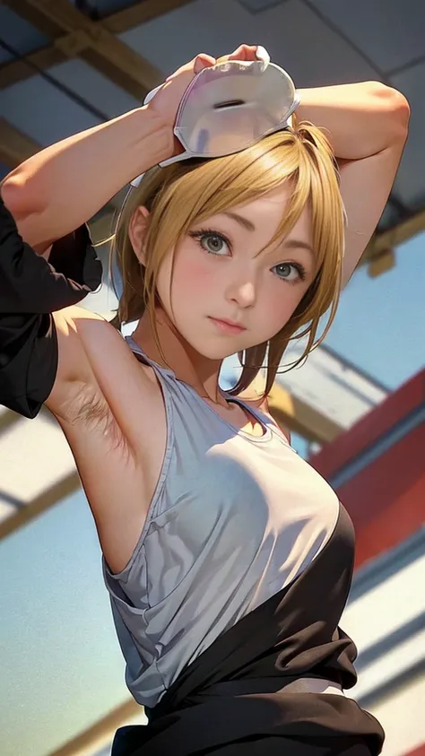 ヨーロッパのbeautiful girl, Spring Competition, With open arms, , beautiful girl, blonde, short hair, Small breasts, slim, Beautiful feet, Delicate and beautiful skin, White tank top,  I can see your belly button ,whole bodyが汗ばんでいる, Her hair is messy and unkempt...