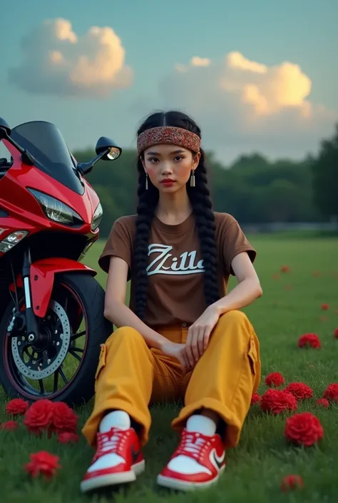 Create a real beautiful thai women smiling,the background of the largest park, black hair braids with headband , she wearing a brown t-shirt with name says " Zilla ",yellow cargo jeans, redwhite Nike shoes,a modern style again. trend,the she is under the m...