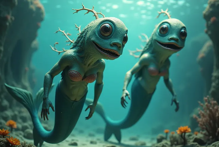 A classic 60s sea monster, attractive humanoid merfolk with odd facial features, fish lover body below the waist, clamshell bra on the women, swimming and playing in a fantasy underwater city, highly detailed, vibrant colors, cinematic lighting, photoreali...