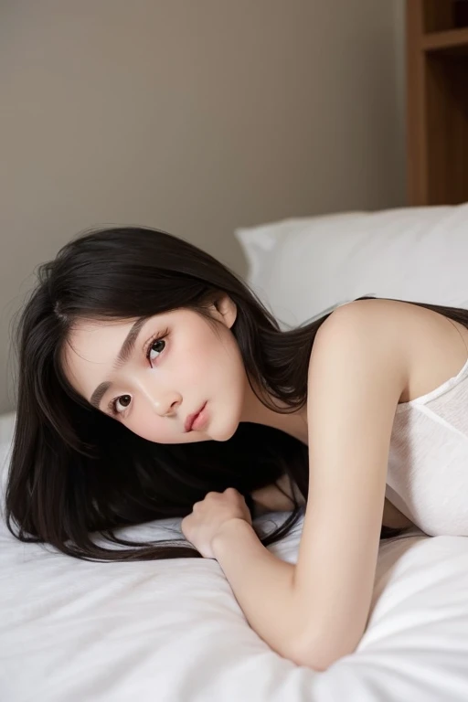 A short woman with a baby face, sharp almond-shaped eyes, high cheekbones, soft features, long hair, lies on her back on the pure white bed with her casual clothes about to take off a little, and shyly looking away in a romantic mood. The camera captured t...