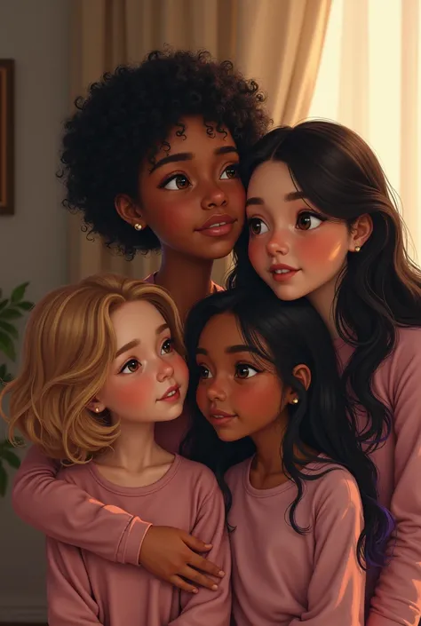 
1 mother and 3 daughters. mom with short curly hair, daughter with short curly hair with blonde highlights, daughter with long curly black hair, daughter with long black straight hair with purple streaks