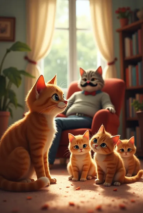 Family of Cats in the Living Room
The whole cat family is gathered in a cozy living room. Mama Mittens is in the foreground, looking lovingly at her kittens. Papa Whiskers is lounging on a plush armchair, his mustache neatly curled. The three kittens, Sock...