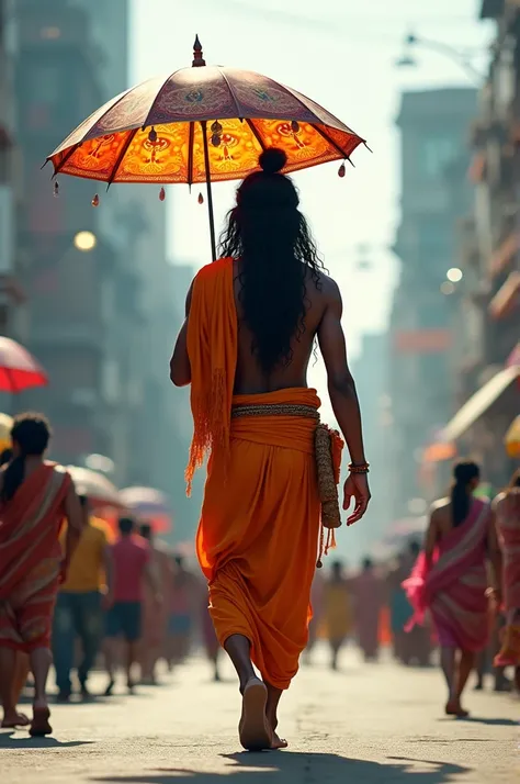 Imagine shiva, the revered Hindu deity, strolling down a bustling road. He holds a colorful umbrella in his hand, which contrasts with his traditional attire and the lively urban backdrop. The scene blends the divine with the everyday, showcasing Ganesh Ji...