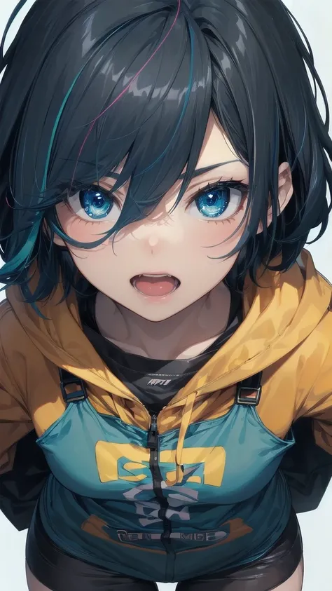 Close-up of a manga girl with blue hair and a yellow shirt, 2D Animation, 2D Animation style, 2D Art, 2D Art, 2D from Gorillaz, 2D from Gorillaz, 2D Gorillaz, Screaming Cerket, 2D Sprite, Jinx Face, short hair, Small breasts, hot pants, ((Black Hair, Inner...