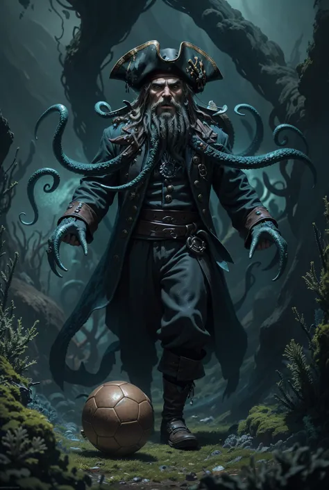 davy jones pirates of the caribbean, A pirate, wearing Pirate hat, a pirate Clothes, with a squid tentacle beard, Slimy, moving tentacles, dribbling a soccer ball, black gradient background Under the sea, Field Grass under the sea with coral around it, mys...