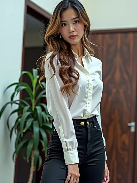 This beautiful teacher was wearing a simple and elegant white shirt with a pair of tight black pants., showing off her tall figure and elegant curves. Her long hair was a shawl., slightly curly, and gave off a faint fragrance. His facial features are delic...