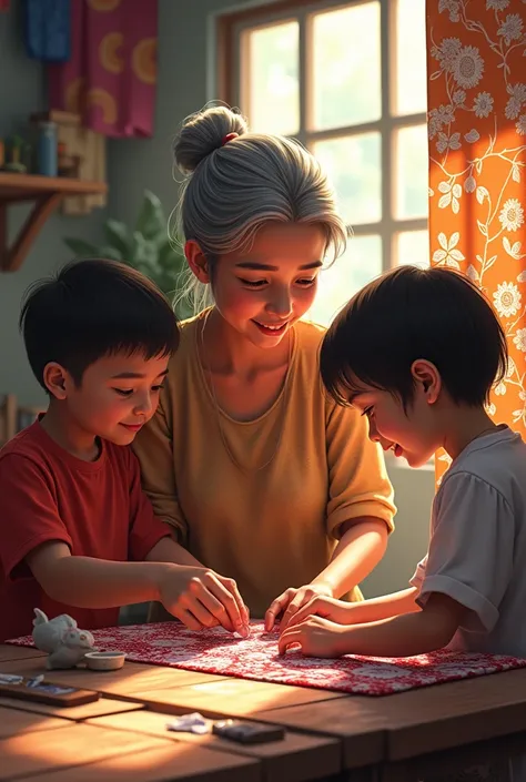 Picture of 2 grandchildren and grandmother weaving batik