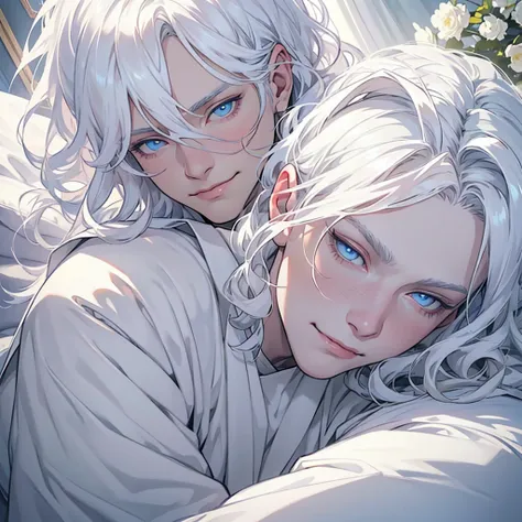 1 male, solo, half lidded eyes, long curly pure white hair, thick pure white eyelashes, albino, pale skin, not smiling, pale blue eyes, pretty boy, feminine despite being male, detailed, semi-realism, laying in bed of white flowers, HD, soft colord, unique...