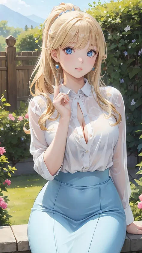 (masterpiece:1.2), (highest quality:1.2),, Curvy but slender body, perfect eyes, perfect face, perfect lighting, 1 girl, in the garden, （blouse），（Lady），（noble），（whole bodyのショット），（ponytail），（I can see my ankles），curly hair, fine clothes, detailed outdoor ba...