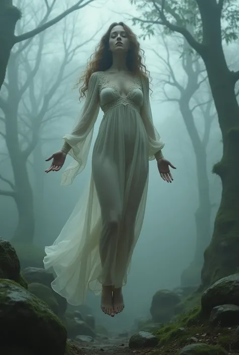 beautiful girl, alone, pale skin. long curly hair   (Beautiful slim body, big breasts, Wide hips) long translucent tunic, lace choker neckline, lace embroidered gloves. Levitating in the middle of a magical night forest, lugubrious,  misty, Thick fog. Rock...