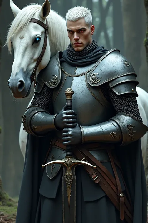 A stoic medieval knight, pale, short white hair, Red eyes, Medieval plate and chainmail armor worn, Carrying a black sword adorned with runes, his armor worn and damaged. Behind him a warhorse with pale fur and eyes with a ghostly blue glow.