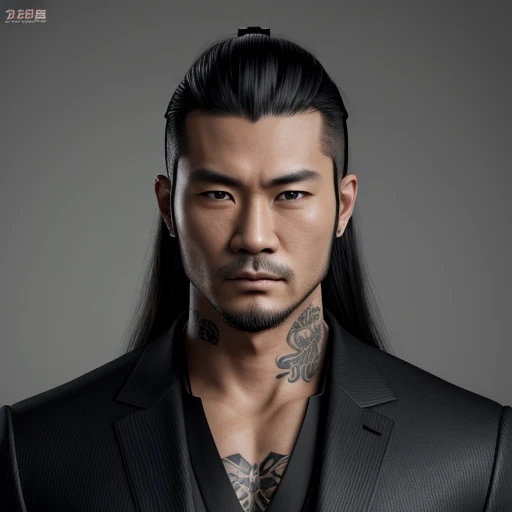 1 man, Japanese man, male, Asian eyes, muscular, broad shoulders, yakuza tattoos, viking hairstyle, black mens shirt and black pants, ultra detailed face, hyperrealistic, realistic representation, long hair, long hair, 30 years old, age 30 years, black and...