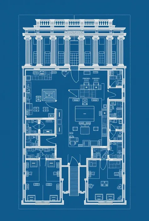 Illustration de plan dun bâtiment gouvernemental néoclassique, Portique, et colonnes. Le plan détaillé du rez-de-chaussée représente un petit hall daccueil de banque, divers espaces de bureaux derrière laccueil, des couloirs, un salle avec un gros coffre f...