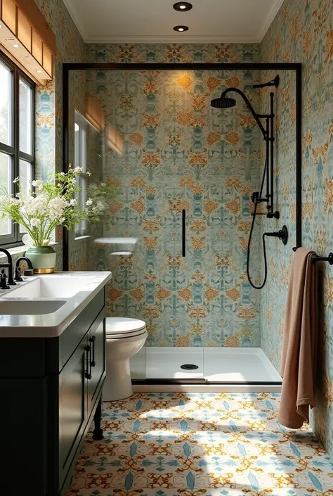 Bathroom with vintage aesthetics Portuguese tiles black metals bright and fragrant bathroom with glass shower enclosure and retro cabinet 