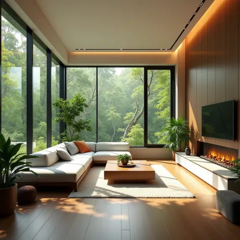 A modern living room with large windows overlooking a lush green forest, the room is filled with natural light and has a warm and inviting atmosphere. The furniture is sleek and contemporary, and the overall design is minimalist and elegant. A large sectio...