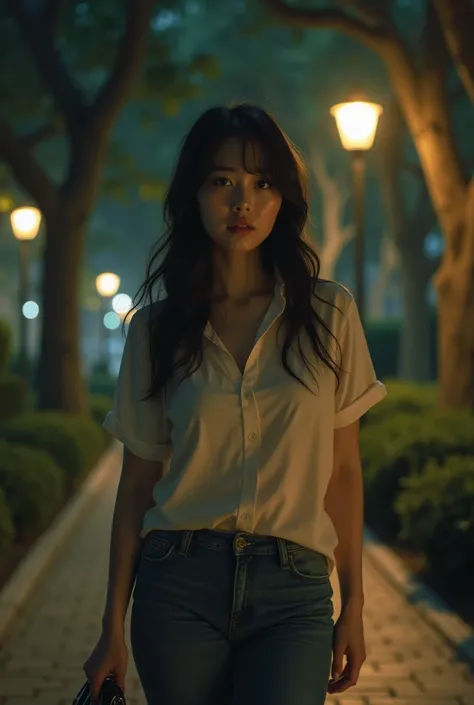 (photorealism:1.2), very beautiful korean woman(curvy sexy body) sad pose, one hand holding her bag, wearing shirt and jeans, walking in the city park at nights, realistic, intricate details, warm colors