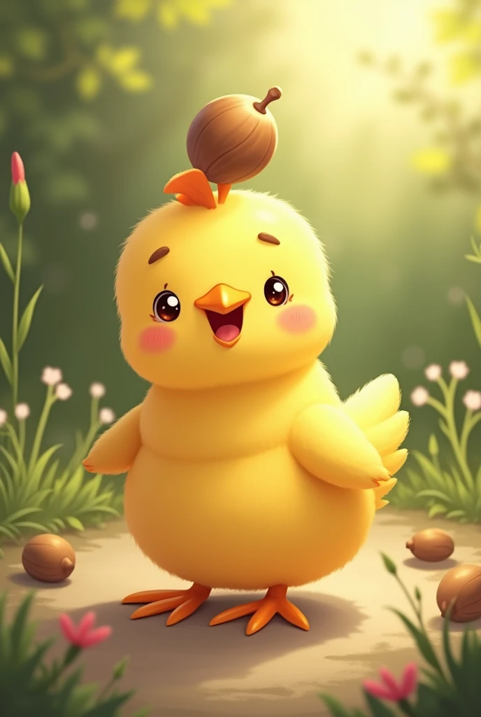 A Nut fell on a small cute yellow chicken