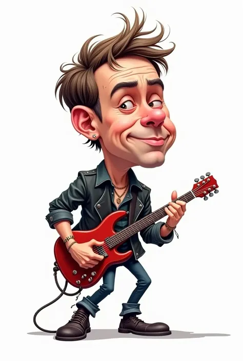 A little big head (1), , short hair, caricature, short body, caricature of a rockstar, playing guitar with full body men with white background straight front look