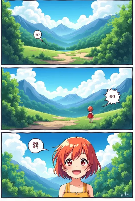 Draw manga, color picture, mountain scene and a red-haired girl standing smiling, divided into three manga panels, each panel is a manga, with dialogue, One Piece manga line drawing.