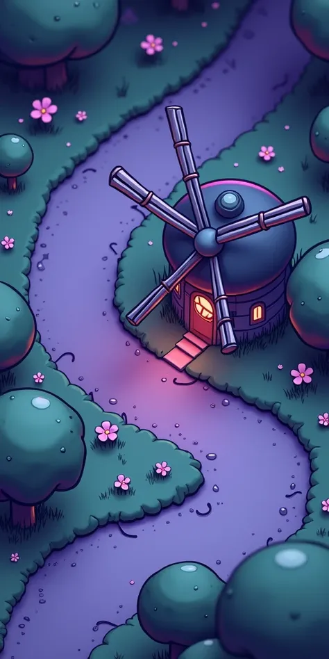 Generate a top-down, orthographic view of a dark mode game level map with a cool, toon-style aesthetic. The winding path should be softly illuminated, surrounded by dark, stylized grass and terrain in rich shades of green and black. The windmill, viewed fr...