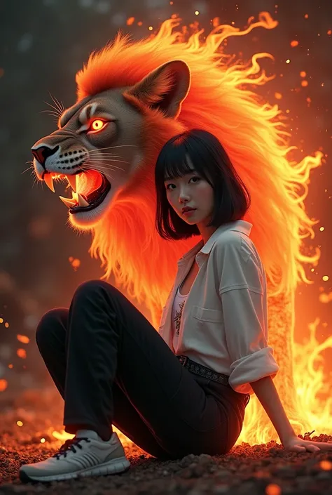 
A beautiful Korean woman with smooth white skin and a perfectly cared for face, Korean style black hair with bangs, white shirt, black cargo pants with lots of pockets knee length,white lion patterned undershirt, posing seated on a ferocious lion roaring ...