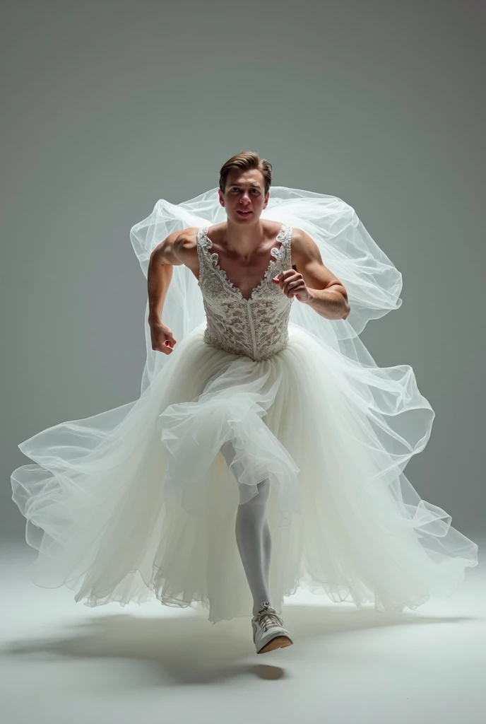 a man wearing a wedding dress, funny, full body, running to camera, grey background, (best quality,4k,8k,highres,masterpiece:1.2),ultra-detailed,(realistic,photorealistic,photo-realistic:1.37),HDR,UHD,studio lighting,ultra-fine painting,sharp focus,physica...