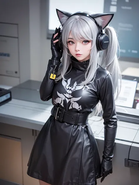 1girl,Grey Hair, Cat Ear Headphones,