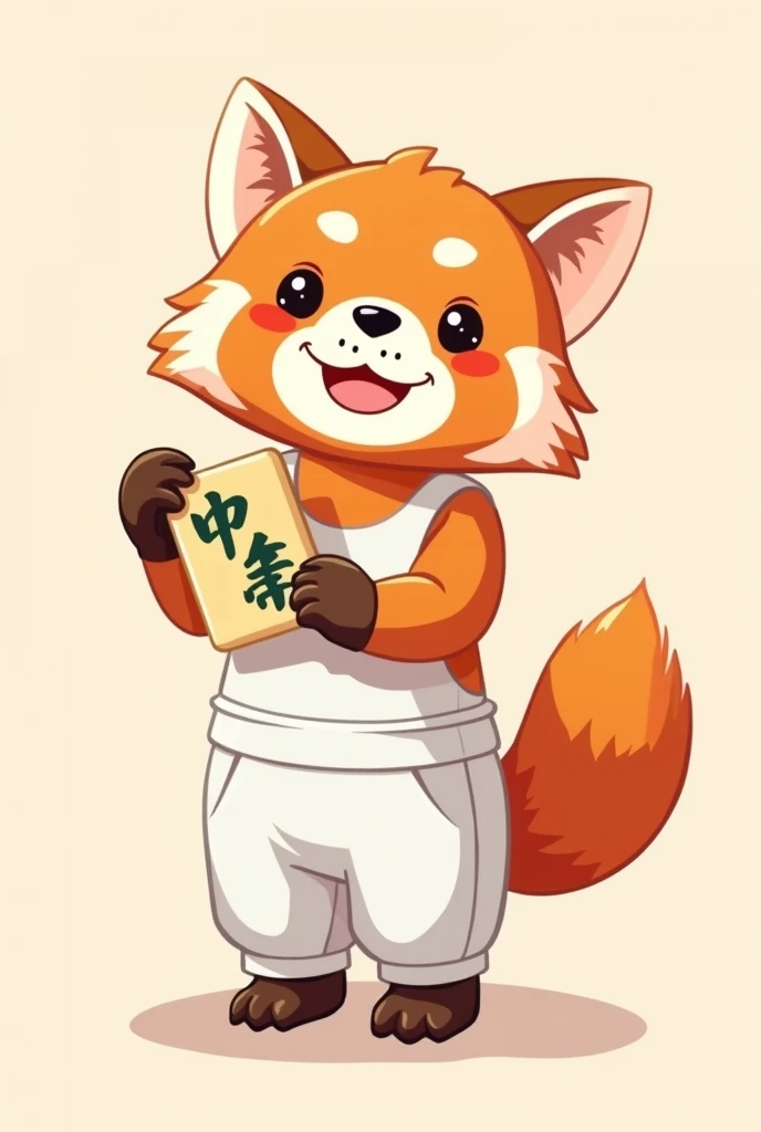 Red panda, cartoon vector, wearing white singlet top, wearing pants, standing, smiling, cute, holding mahjong tile