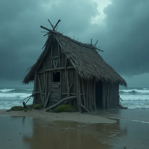 A ruined straw hut on a sandy beach, flooded with water, heavy rain pouring down, (best quality,4k,8k,highres,masterpiece:1.2),ultra-detailed,(realistic,photorealistic,photo-realistic:1.37),detailed ruins, dilapidated structure, sand, puddles, dramatic lig...