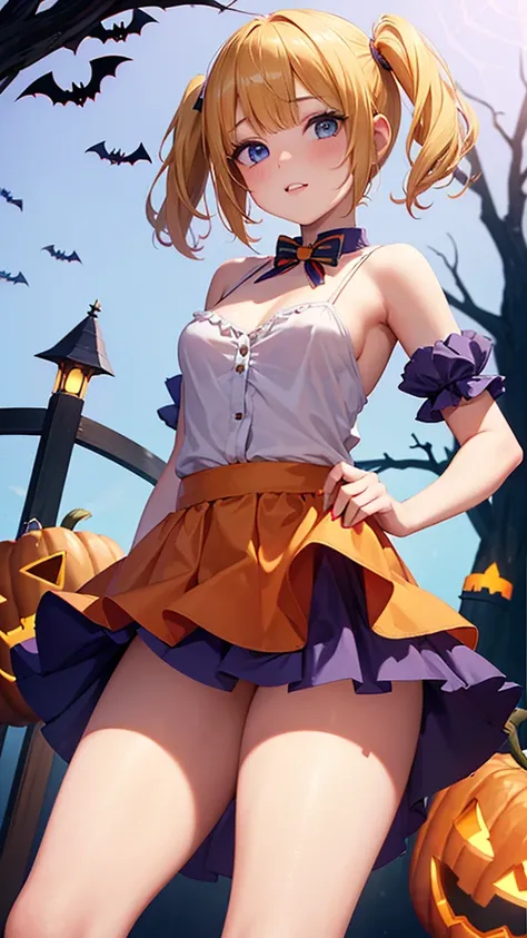 girl, high school girl,blonde,Bobcut,Short pigtails,blue eyes,Small breasts,Angle from below,Low Angle,Under the skirt,( Halloween:1.2),Harley Quinn