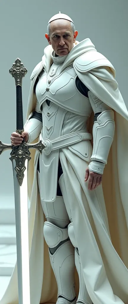 pope francis wearing a white futuristic battle armor holding a large cross sword