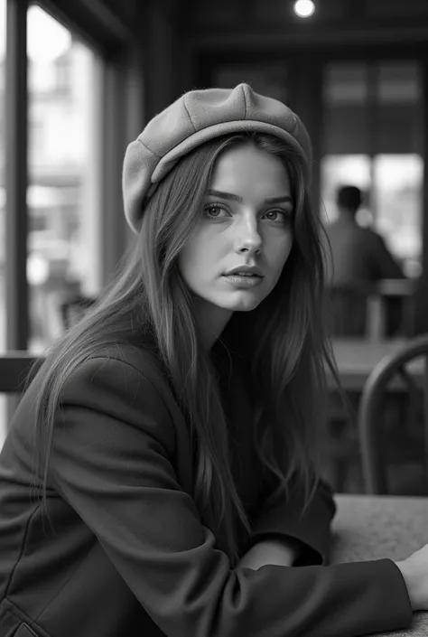 Young French woman with long straight brown hair. She is wearing a coat and a light-colored beret.. Her head is turned three-quarters away from the camera.. The girl looks away, there is a slight smile on her lips. She is sitting in a cafe.

Retro photogra...