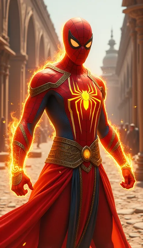 Generate an image of "The Flame Spider - a Spider-Man inspired by Zoroastrianism. He wears a traditional, red and gold costume with a fire emblem. A fiery aura with flames. surrounds him. In the background, a historic, Persian landscape with temples stands...