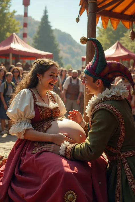 Woman at renaissance fair, laying on a platform, Jester picking at belly button, crowd watching, Woman laughing hysterically, bright day, point of view