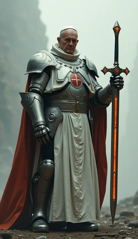 pope francis wearing a futuristic battle armor holding a large sword