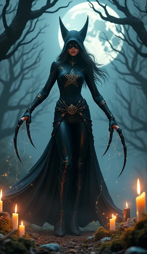 Create an image of "The Witch Spider" - a Spider-Man inspired by Wicca. She wears a flowing, black costume with a pentagram emblem. A magical aura with candles and crystals surrounds her. In the background, a mystical, moonlit landscape with trees stands. ...