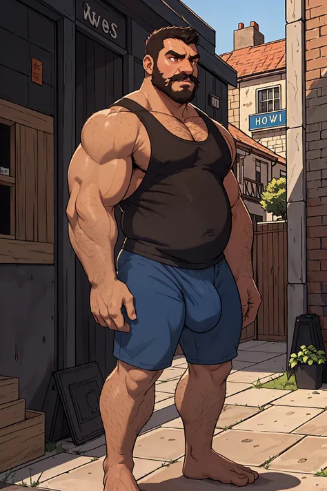 20 year old man, tall, black hair, bearded, mustache, fat, black tank top, blue short, massive bulge, hairy chest, frowning, standing outside, afternoon, in town, brown eyes, short hair, hairy legs, hairy arms, full body