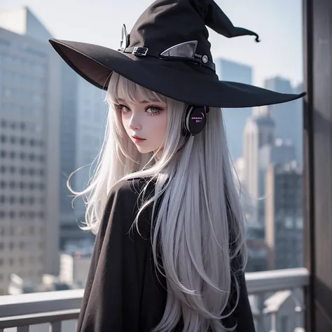 Grey air, Cat Ear Headphones,From Behind, Witch Hat, 1girl, eyeshadow 